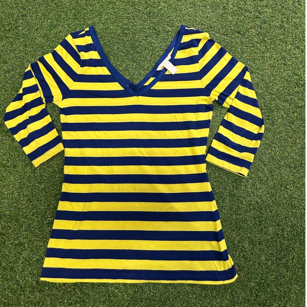 Banana Republic Yellow Navy Blue Striped V-Neck 3/4 Sleeve Top Small